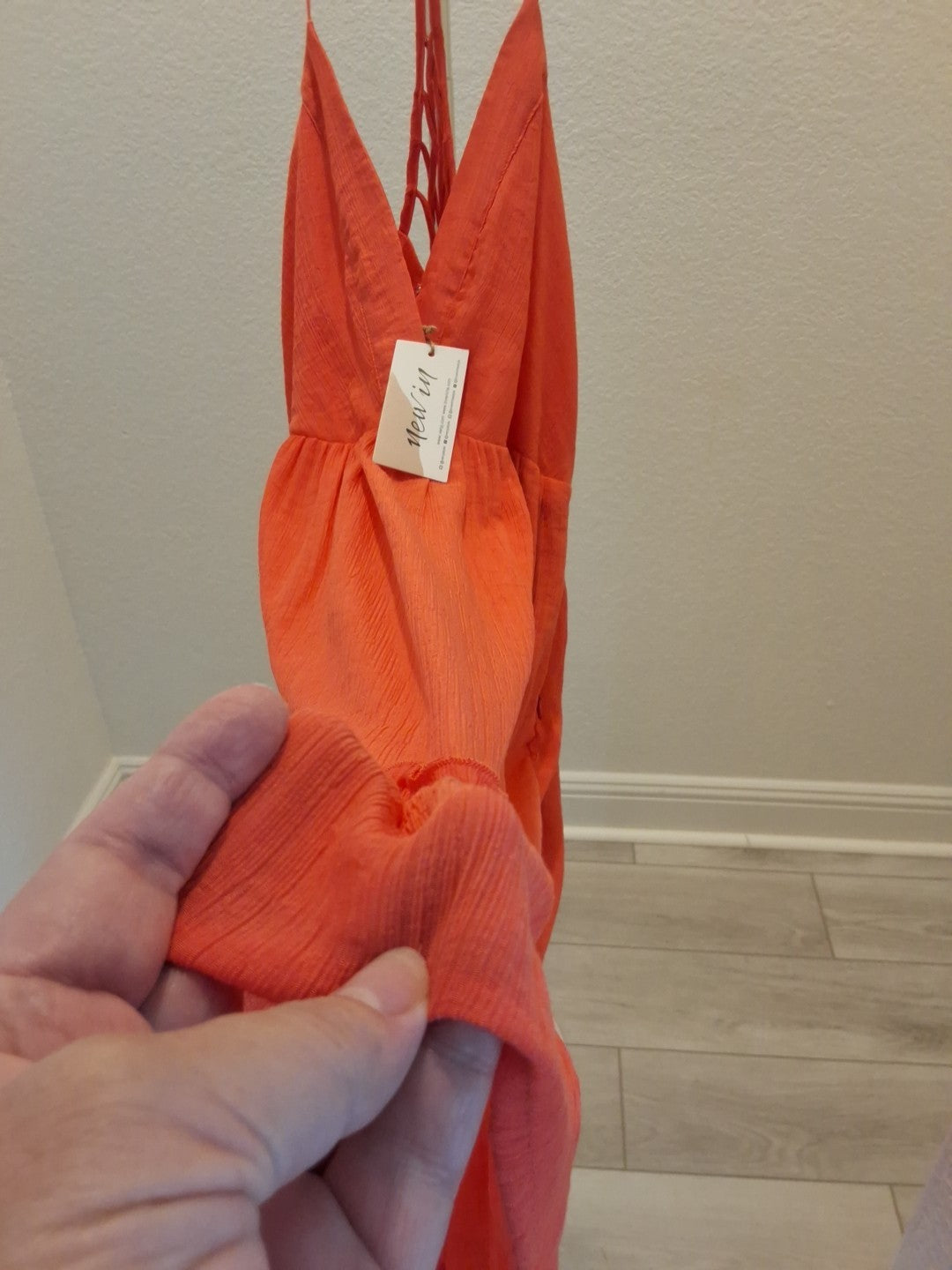 New In Wrinkly Fabric Style Orange Cotton Babydoll Strappy Size L Dress NEW