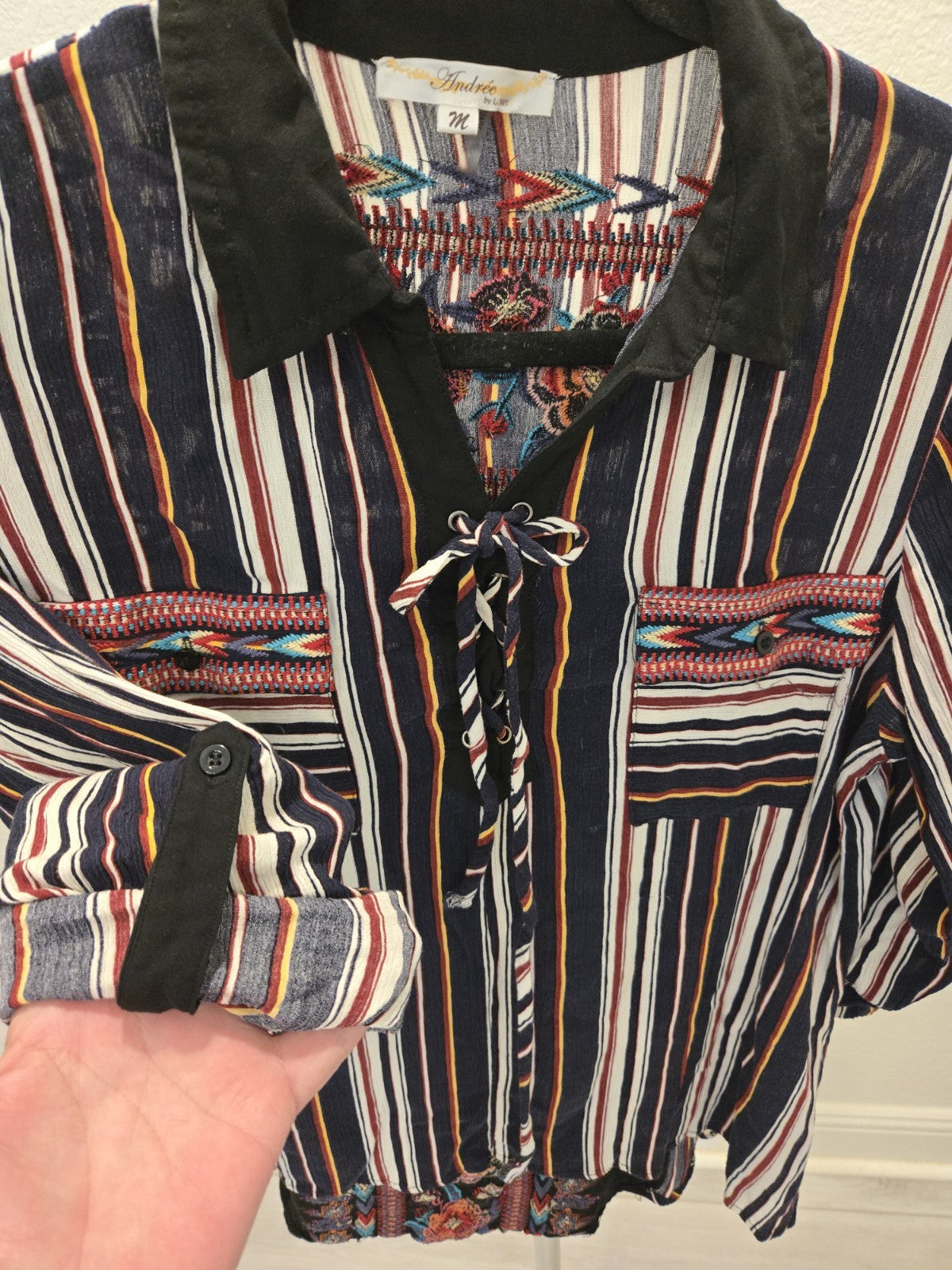 Andree by Unit Western Boho Embroidered Lace Up M Striped Blouse