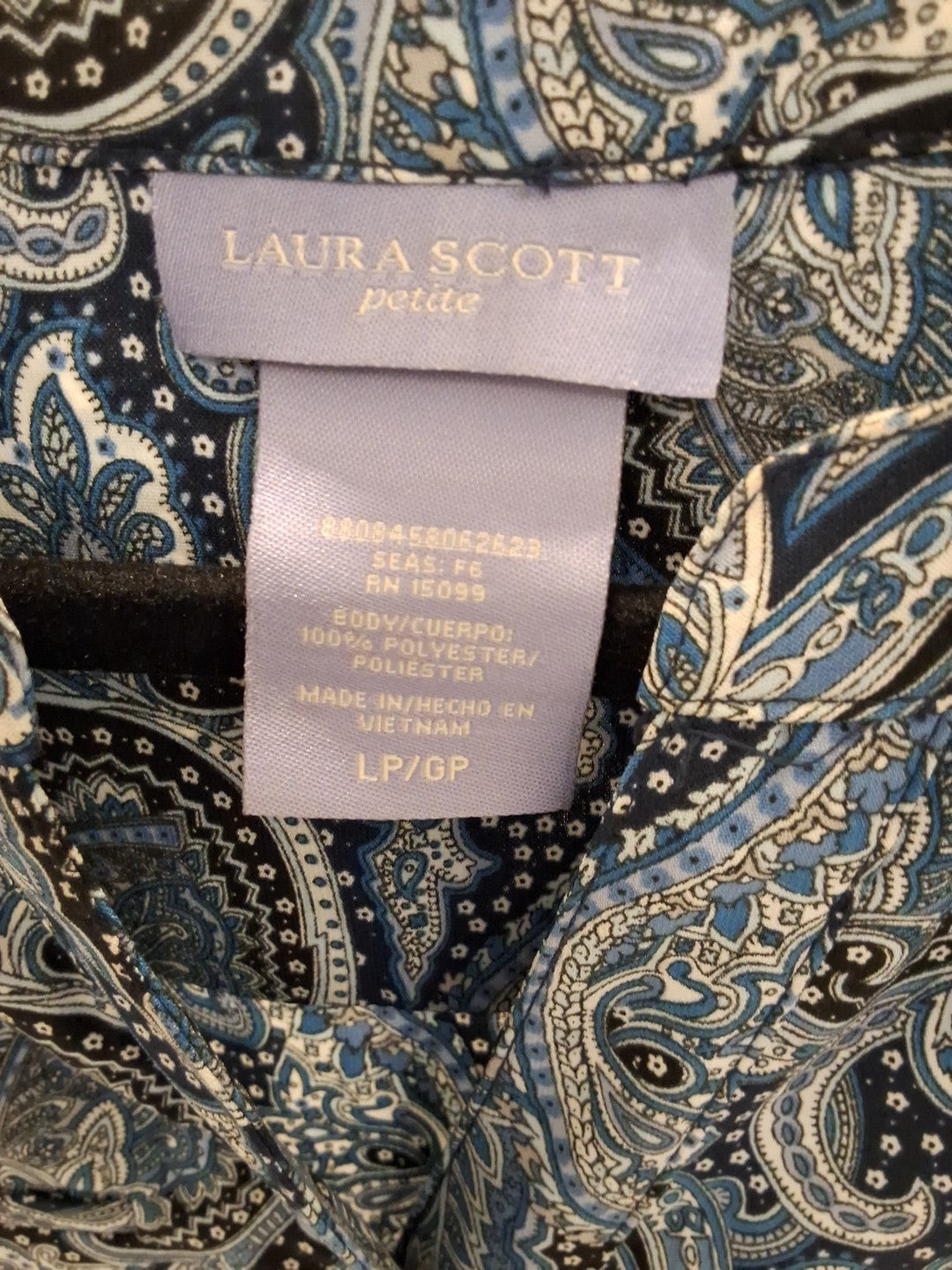 Laura Scott Blue Paisley 3/4 Roll Tab Coastal Grandmother Silky Shirt L NWOT