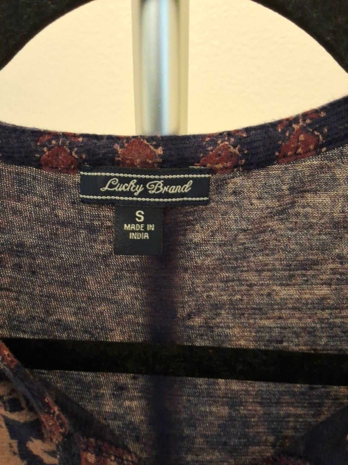 Lucky Brand Blue Boho Red Beige Print Long Sleeve Top Size S Womens