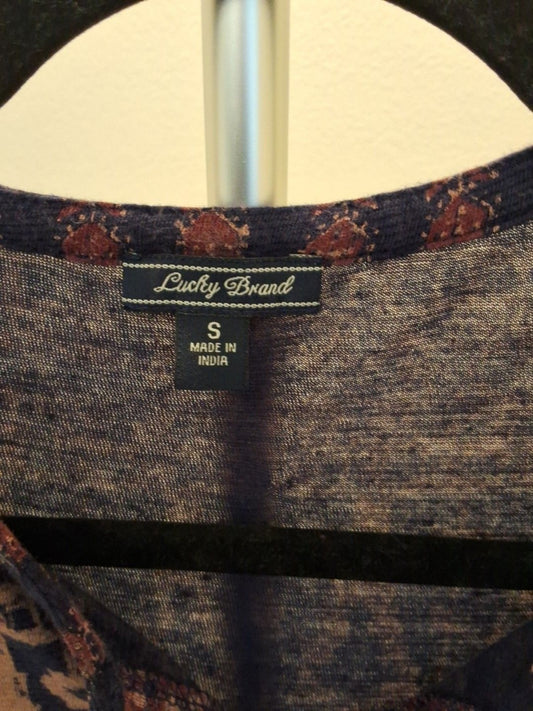 Lucky Brand Blue Boho Red Beige Print Long Sleeve Top Size S Womens