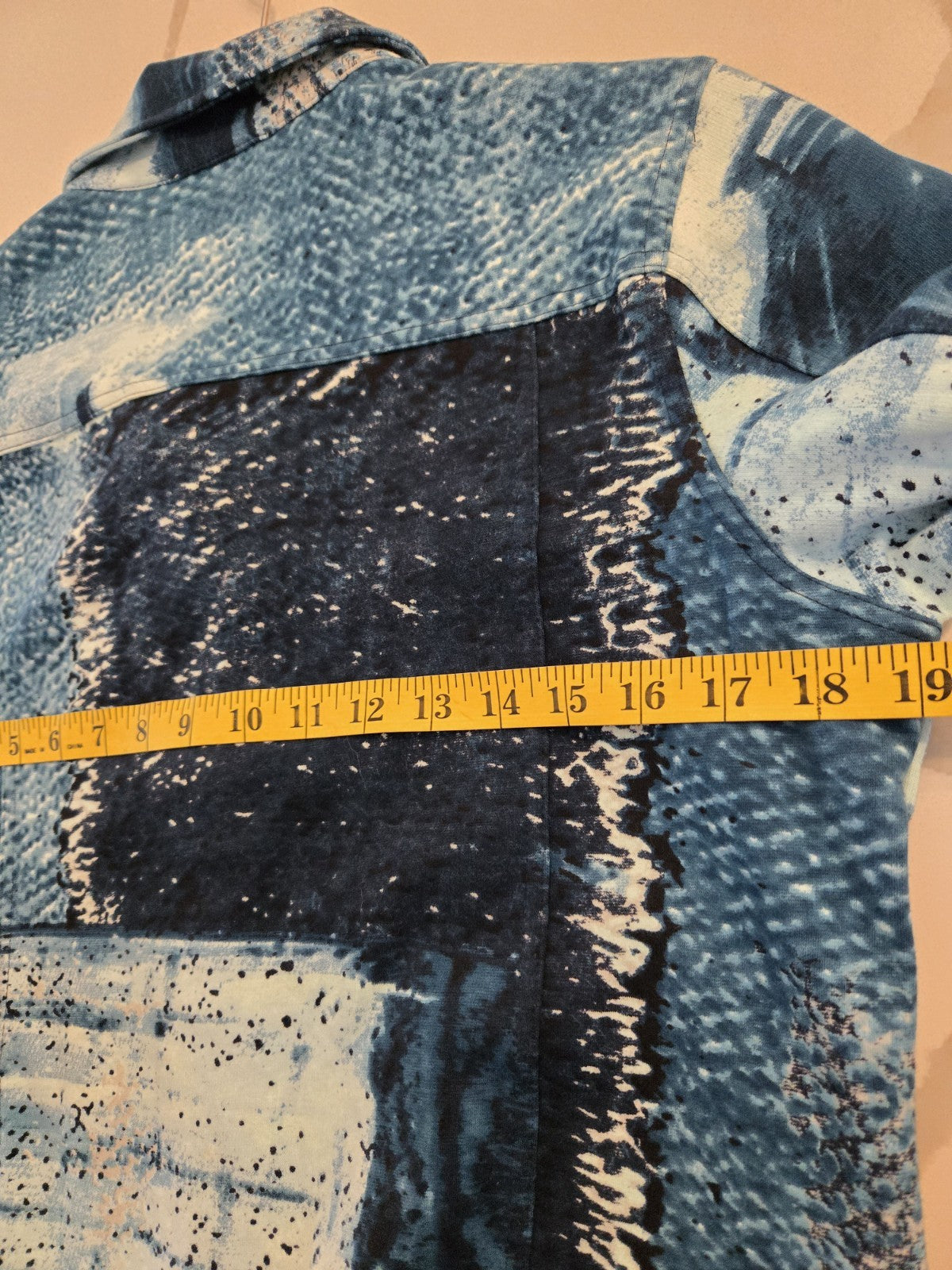 Orientique US 5 Denim Trucker Jacket Womens Abstract Art Landscape Print Blue