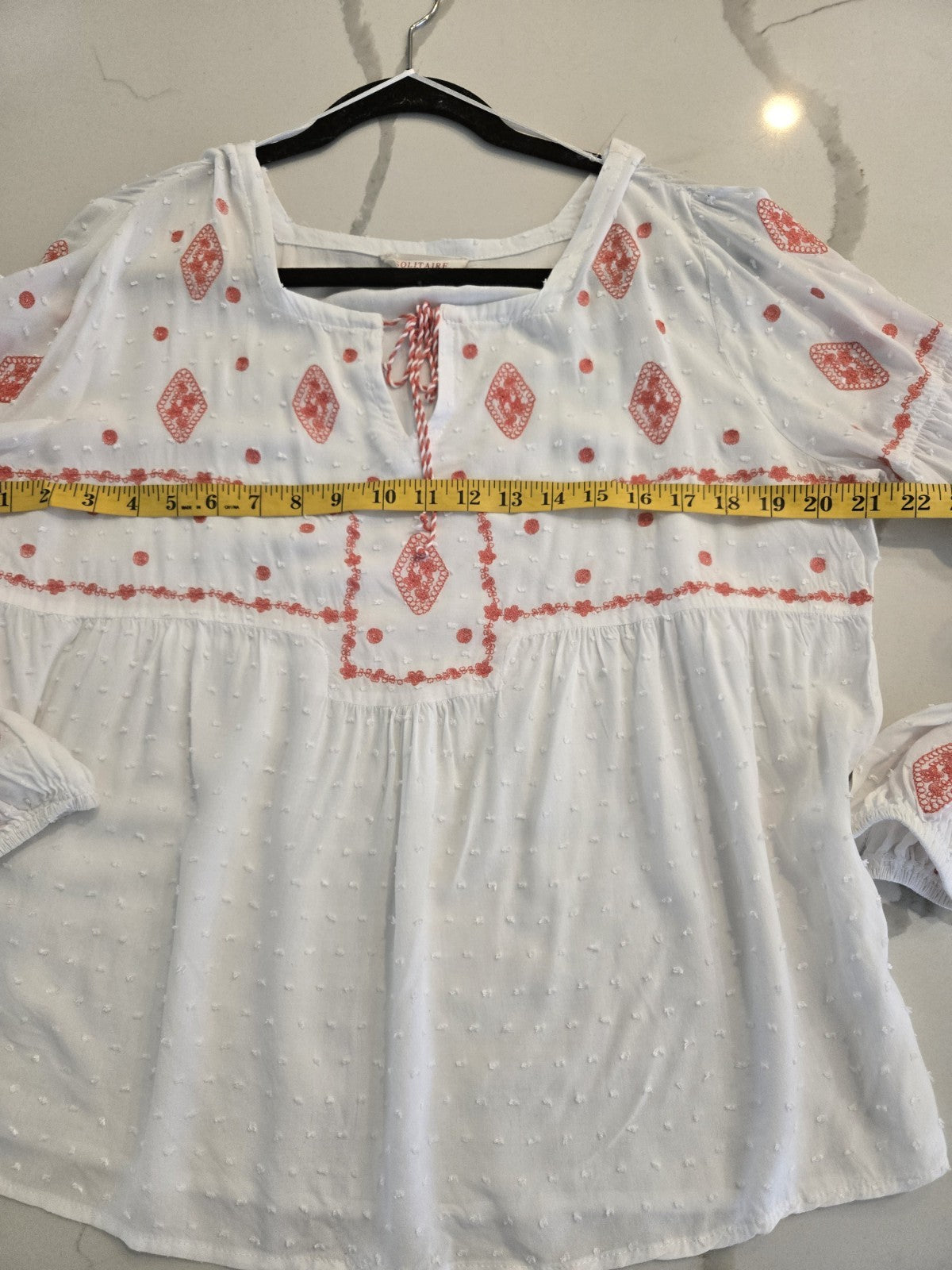 Solitaire Embroidered Large Coral & White Boho Swiss Dot Peasant Tie Neck Top