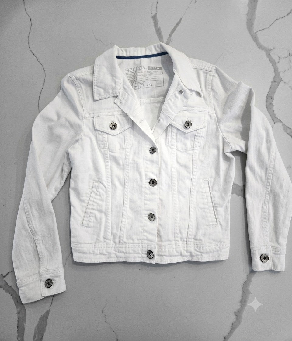 Merona White Denim Jean Trucker Jacket Large Button up Front & Cuffs Womens