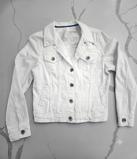 Merona White Denim Jean Trucker Jacket Large Button up Front & Cuffs Womens