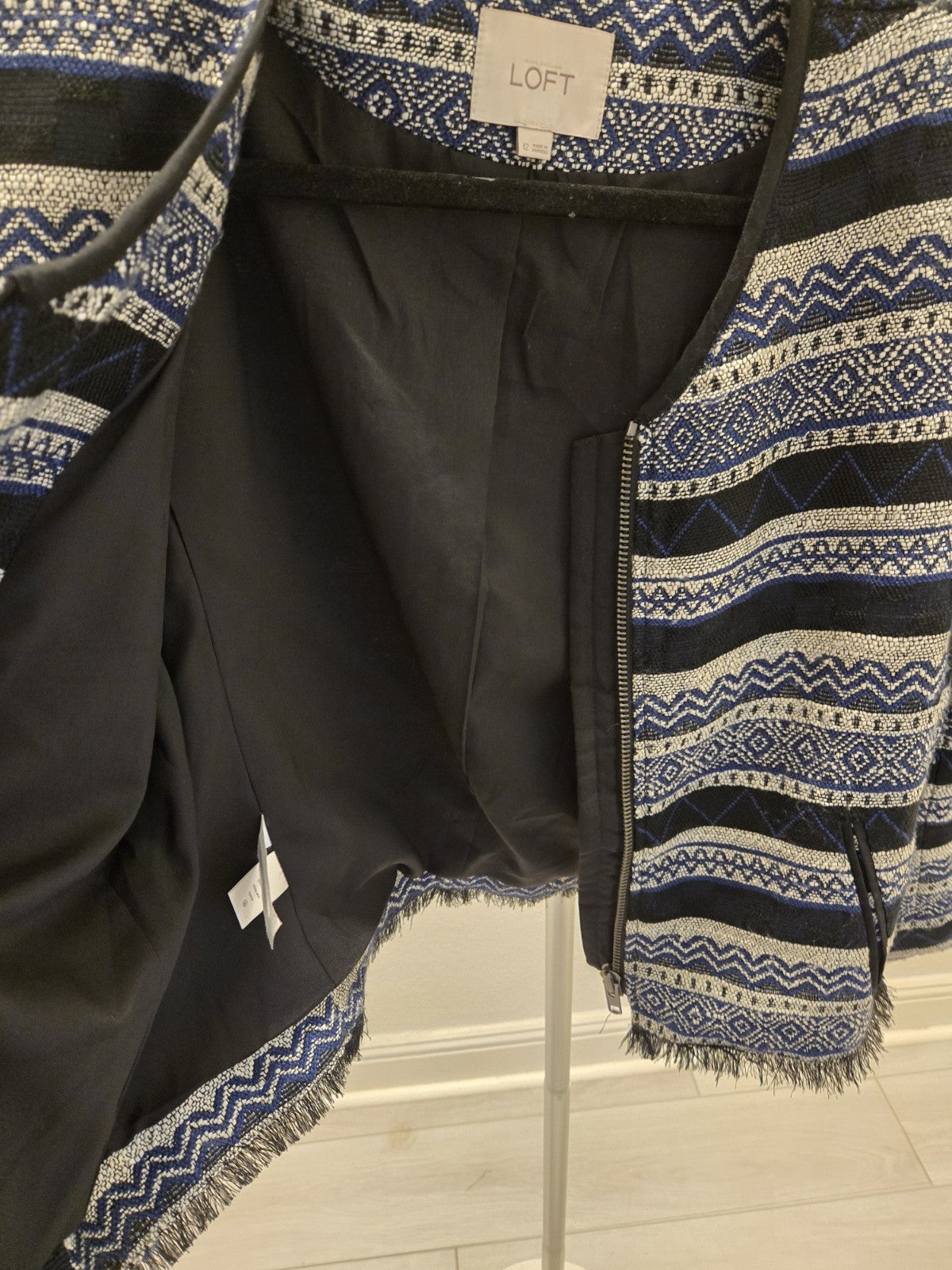 Loft Size 12 Blue White Geometric Woven Tweed Zip Jacket Fringe Trim Women's