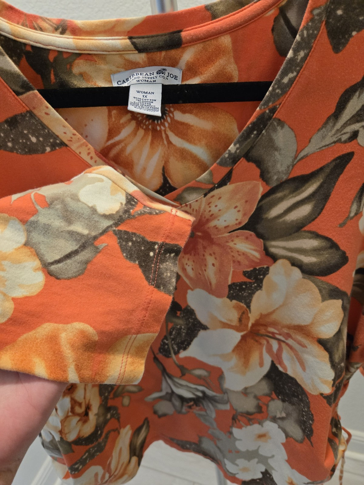 Caribbean Joe 1X Orange Tropical Floral Tunic Top Ruched Side Drawstring V-Neck