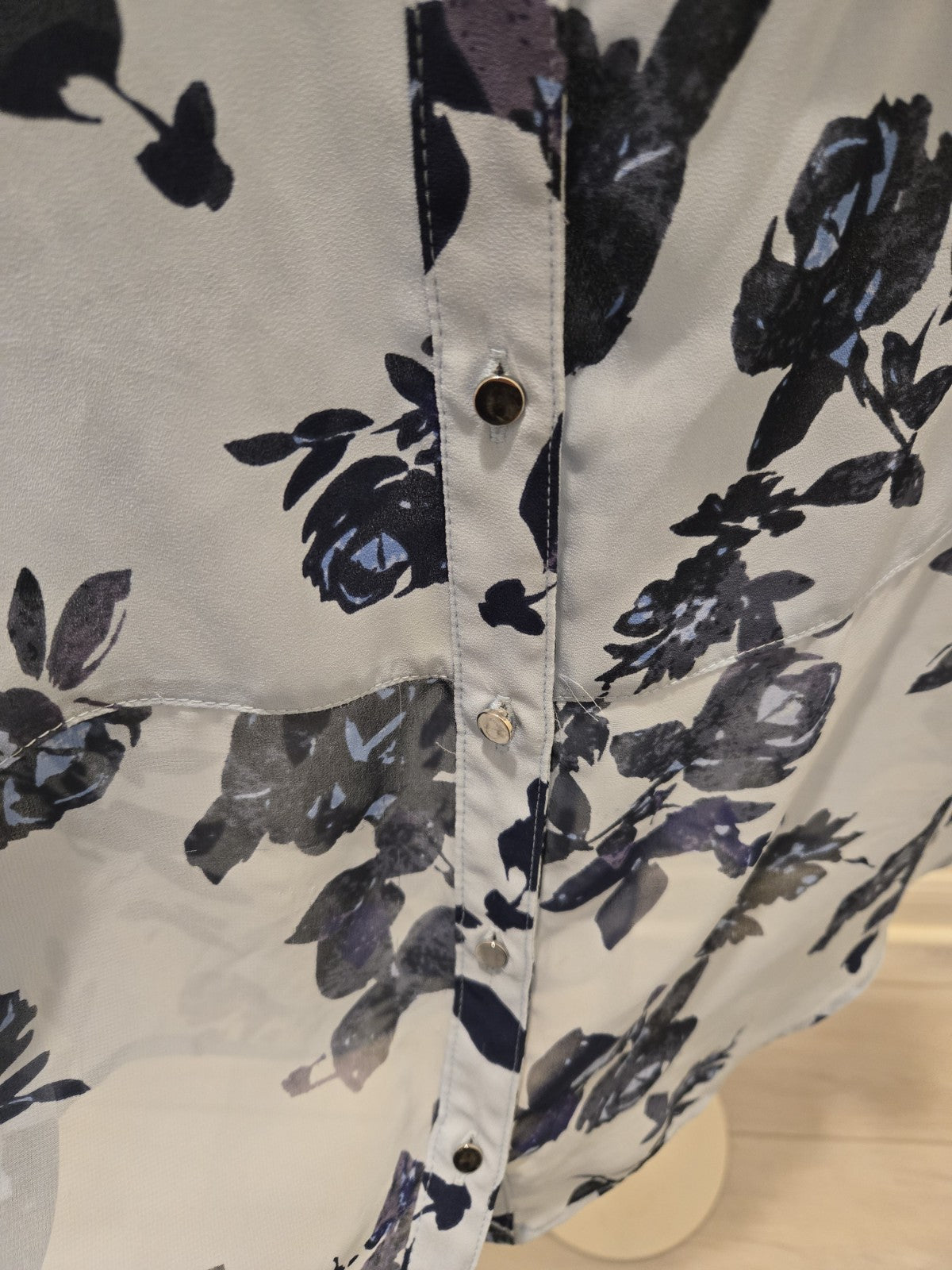 Candie's Y2K Blue Floral Sheer Button-Up Blouse Top M Roll Tab Sleeve Fairycore