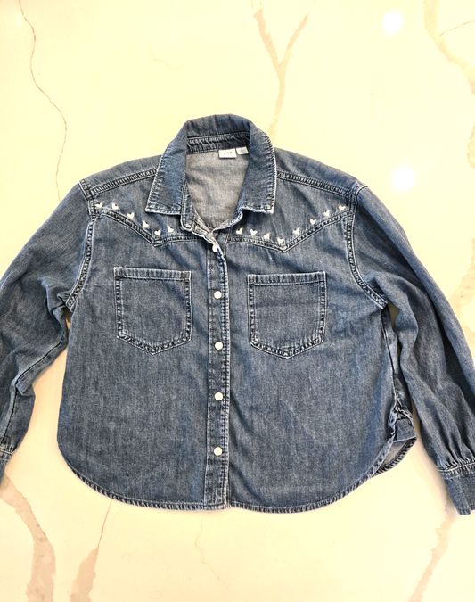 GAP Kids L 10 Embroidered Hearts Western Chambray Denim Shirt Kids Girls Snap