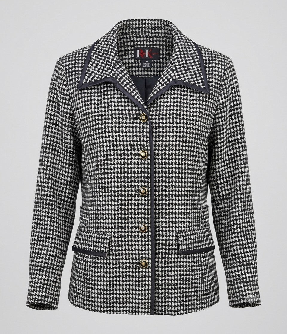 R&K Originals Houndstooth Blazer Jacket Faux Leather Trim Black White Womens 10