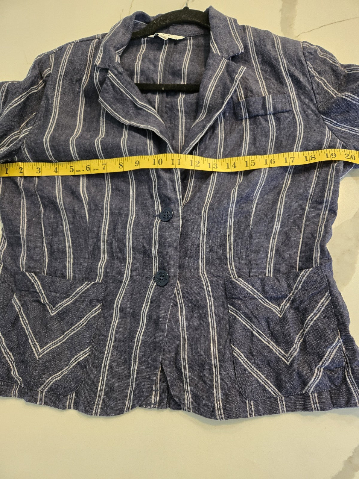Cabi Size 10 Navy Blue White Pinstripe Linen Blazer Chevron Pocket Jacket