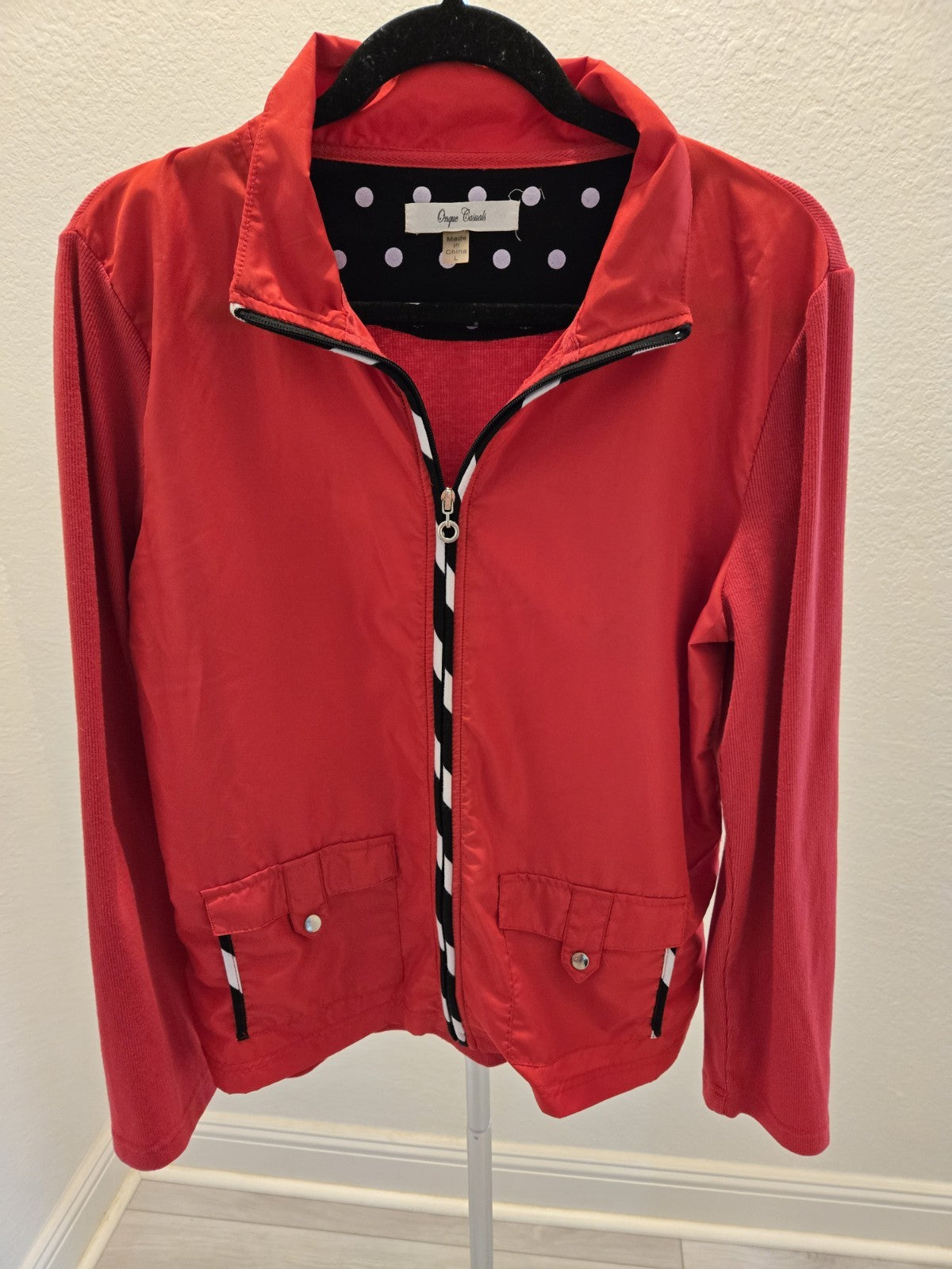 Onque Casuals L Red Zip Up Polka Dot Collar Ribbon Trim Ribbed Sleeve Jacket