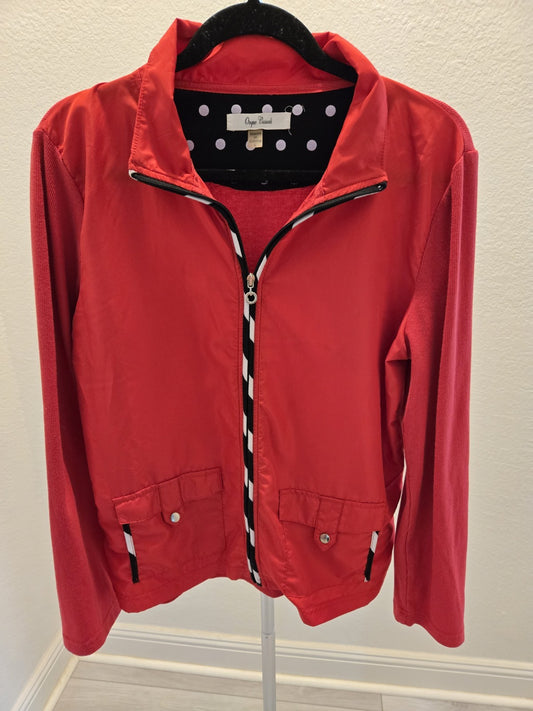 Onque Casuals L Red Zip Up Polka Dot Collar Ribbon Trim Ribbed Sleeve Jacket