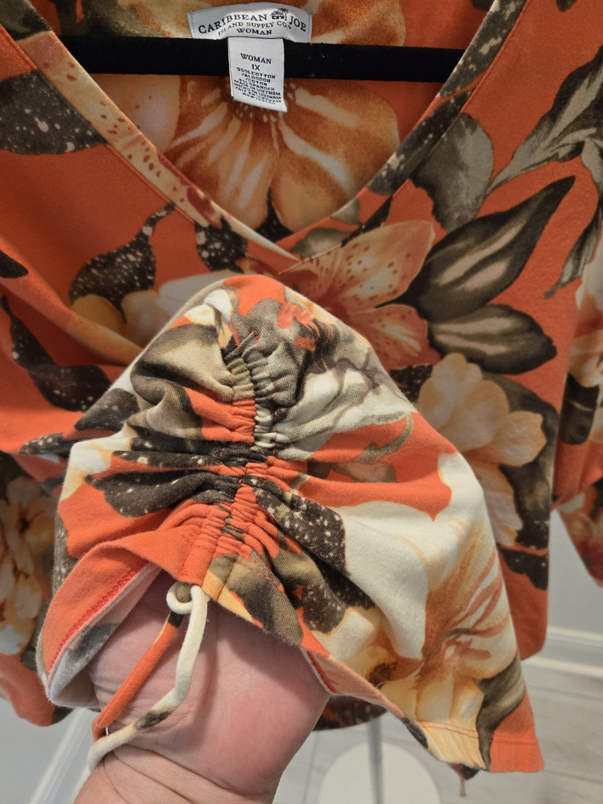 Caribbean Joe 1X Orange Tropical Floral Tunic Top Ruched Side Drawstring V-Neck