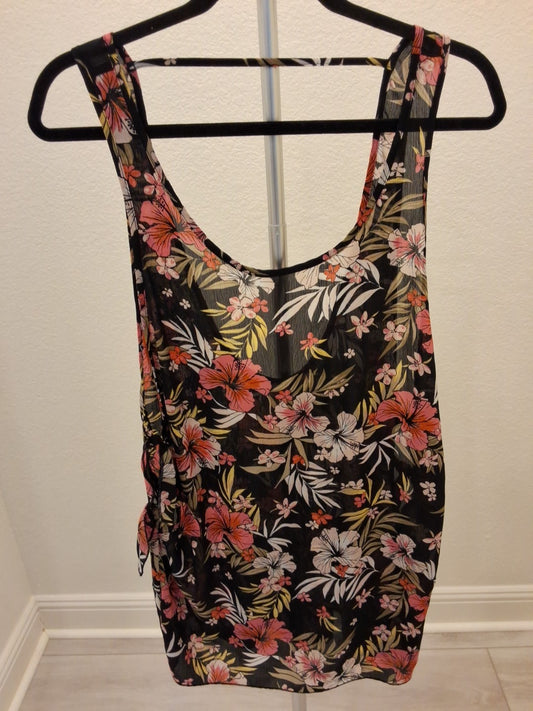 Xhilaration Small Tropical Floral Sheer Cover-Up Swim Beach Tank Top Black