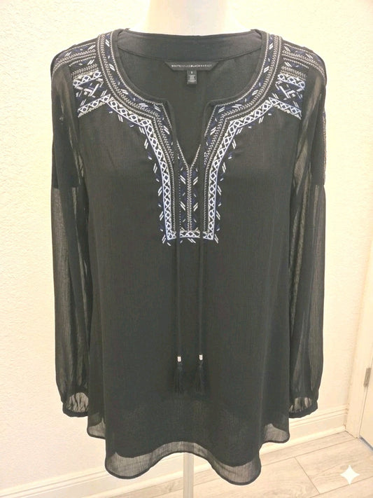 White House Black Market Embroidered New Black w/Tassel Tie Round Neck  Top Sm 8