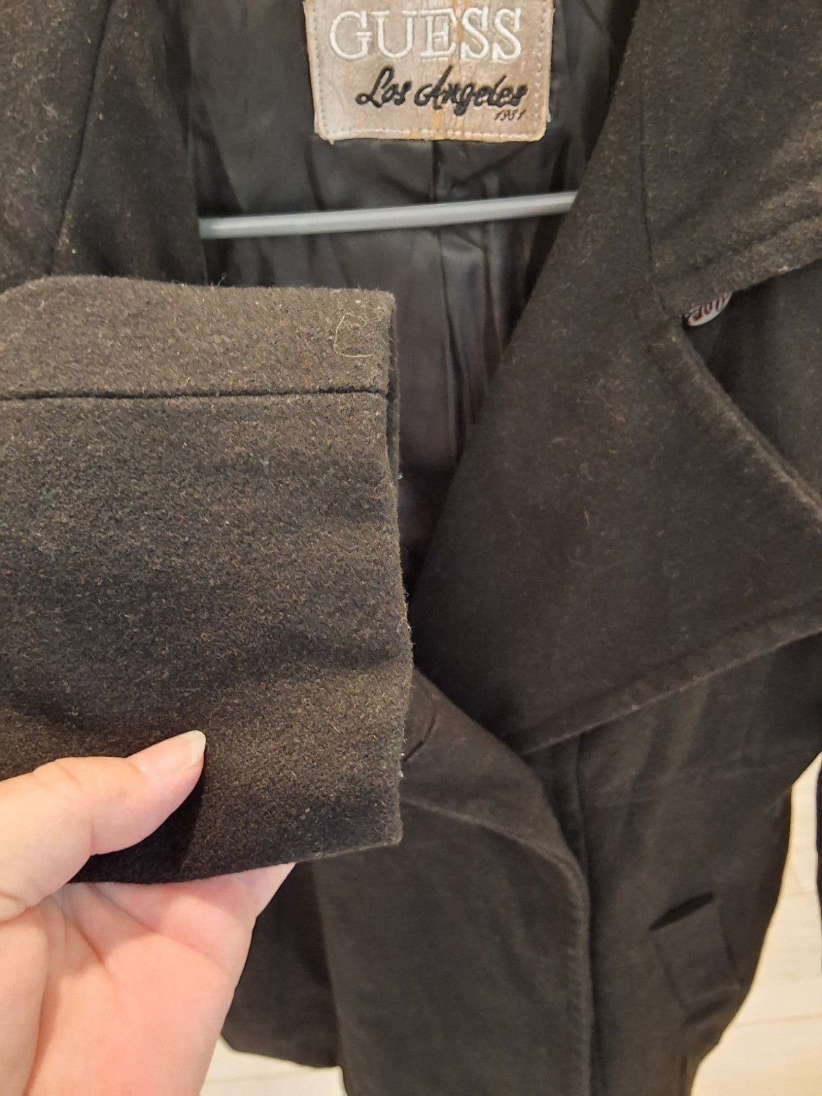 Guess Black Double Breasted Peacoat Wide Shawl Collar Fitted Wool Blend S 2000s