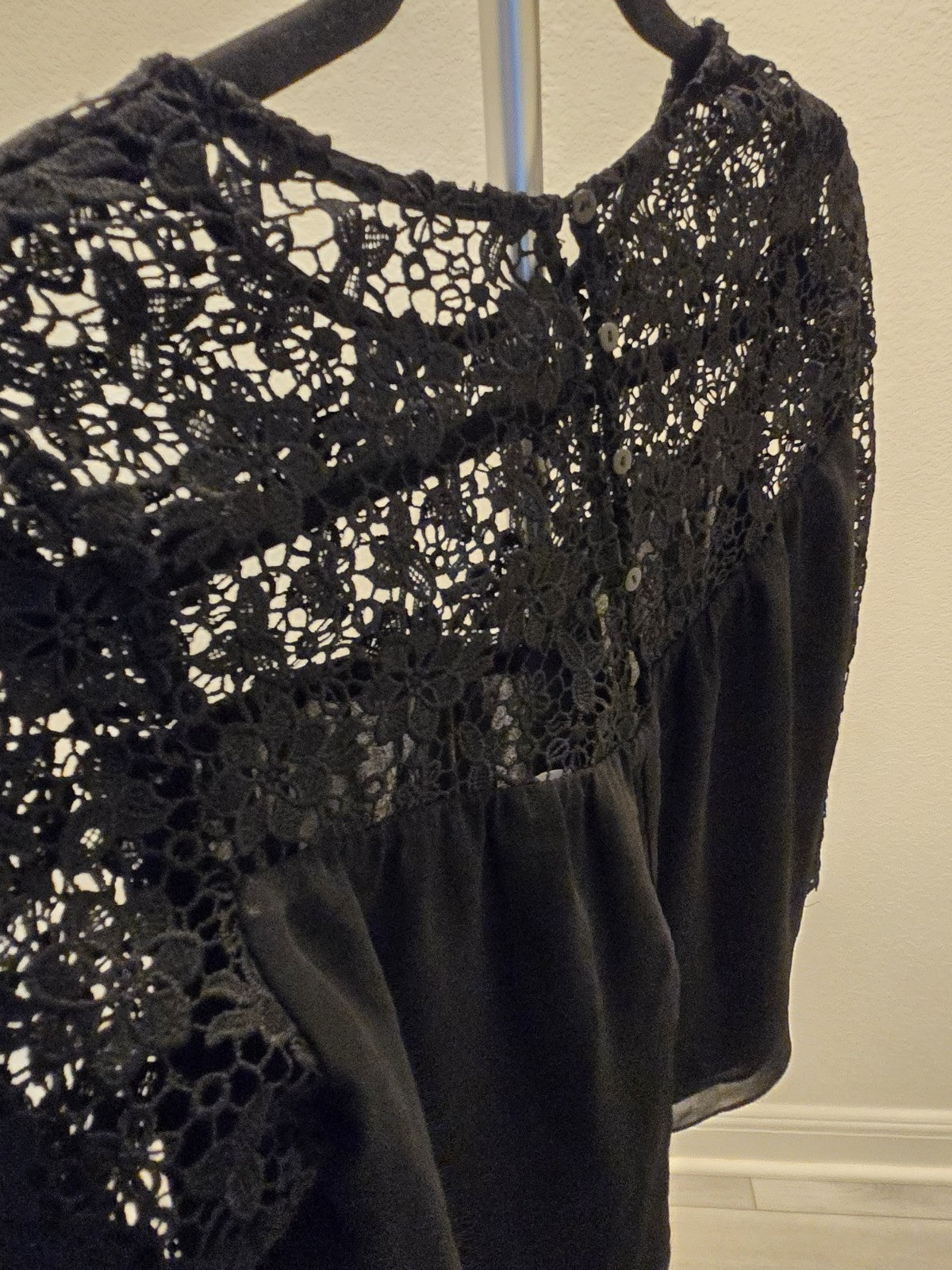 Mustard & Co. M Lace Blouse Womens Black Sheer Floral Yoke 3/4 Sleeve Top