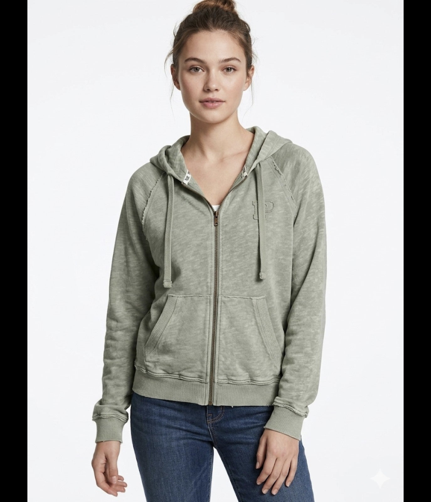 PINK Victoria Secret M Sage Green Distressed Zip Up Hoodie Raw Seam Y2K