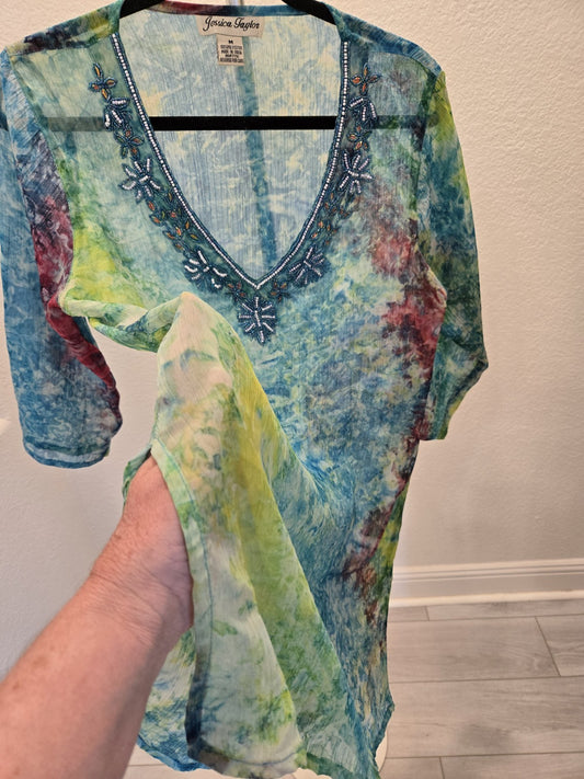 Jessica Taylor Sequins & Bead Blue Turquoise M Sheer V-Neck Tunic Blouse Womens