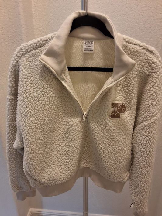 Victoria's Secret PINK Size M Cream/Ivory Sherpa 1/4 Zip Fleece Pullover