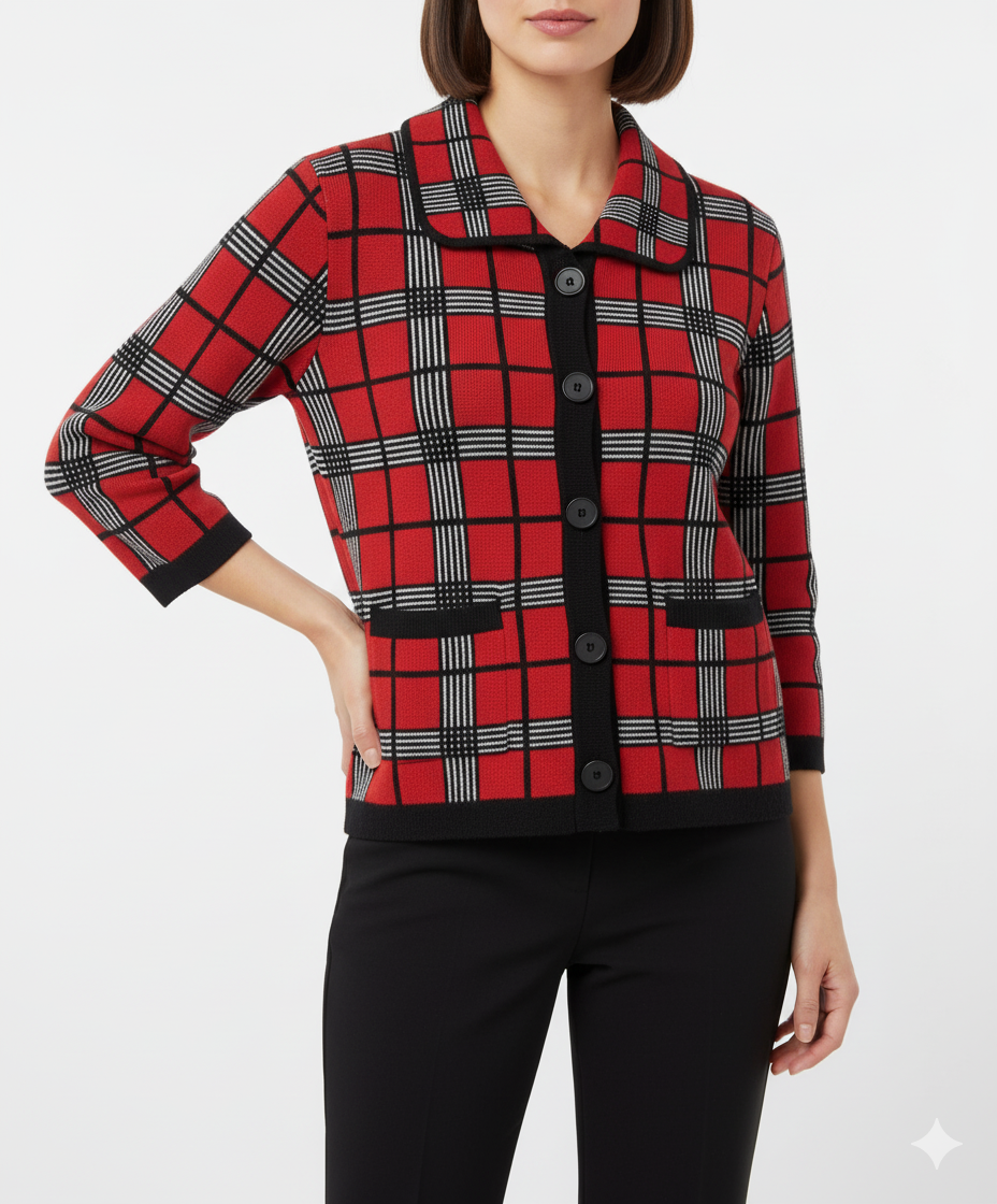 Mercer Street Studio Plaid Sweater Jacket Structured Retro Red L Dark Academia
