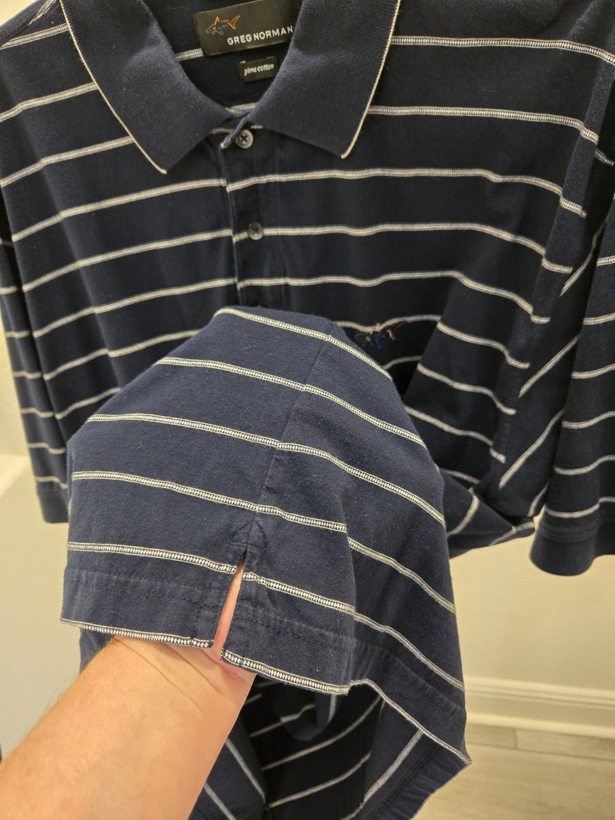 Greg Norman Men's L Navy Blue Striped Polo Classic Preppy Nautical Casual Shirt