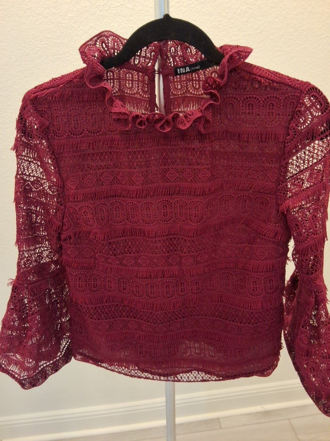 INA Sheer Lace Victorian Ruffle Mock Neck Blouse Top  XS Women Maroon