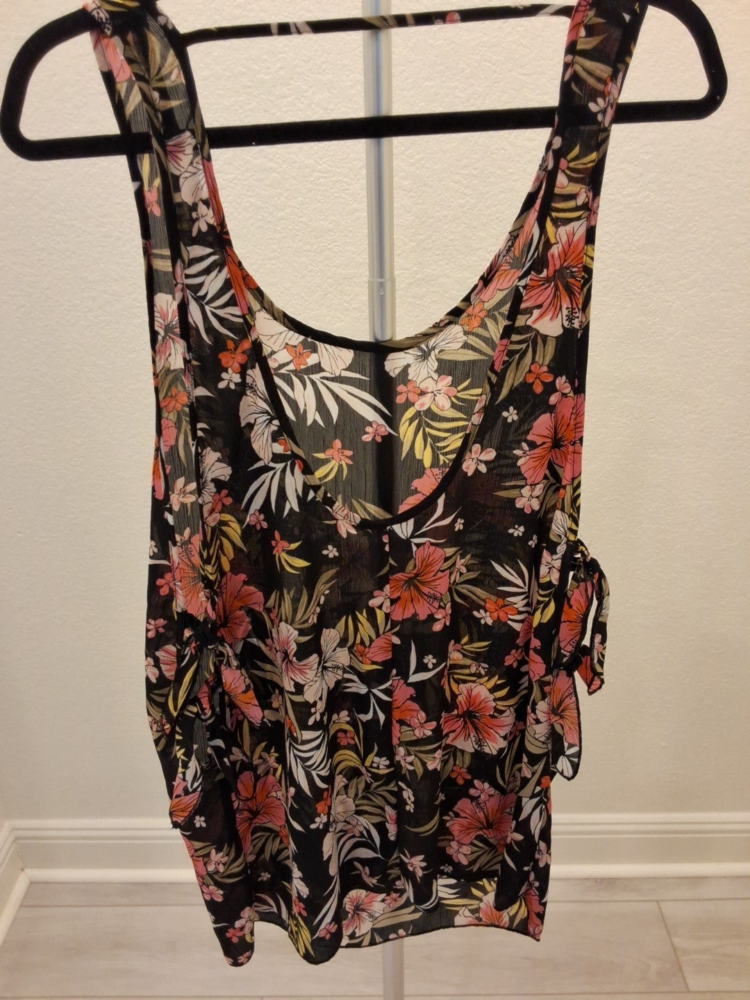 Xhilaration Small Tropical Floral Sheer Cover-Up Swim Beach Tank Top Black
