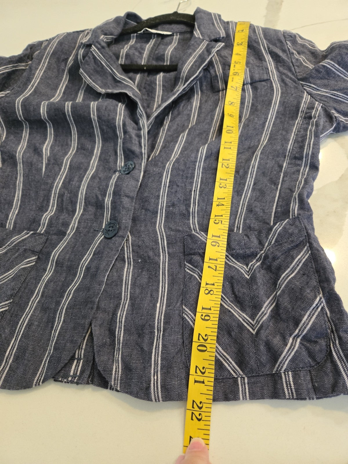 Cabi Size 10 Navy Blue White Pinstripe Linen Blazer Chevron Pocket Jacket