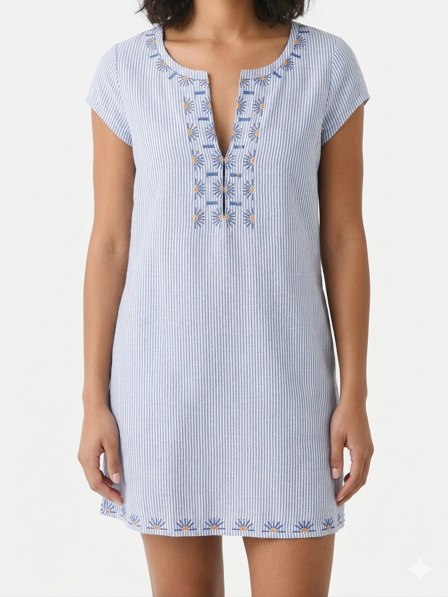 HIHO Tortola BVI Medium Striped Linen Embroidered Tunic Shift Rachel Dress