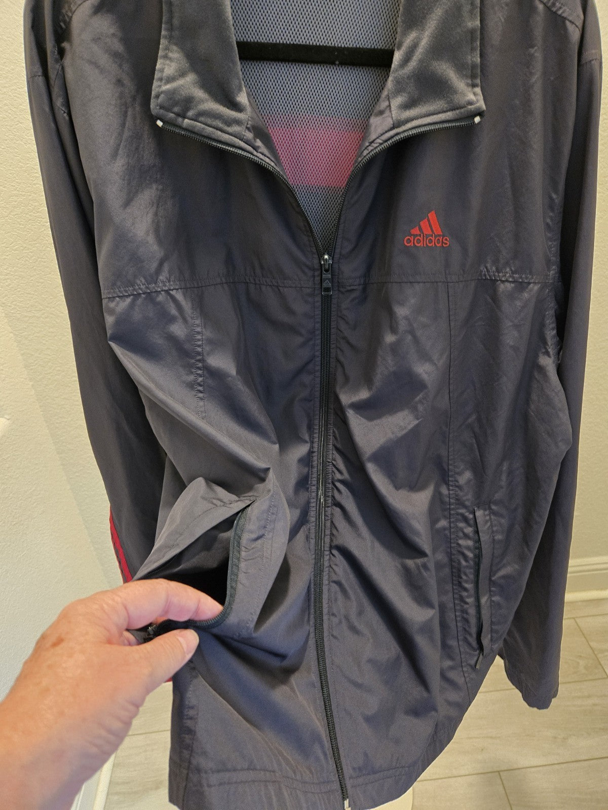 Adidas Windbreaker Track Jacket Mens Navy Blue Red 3 Stripe Full Zip Mesh