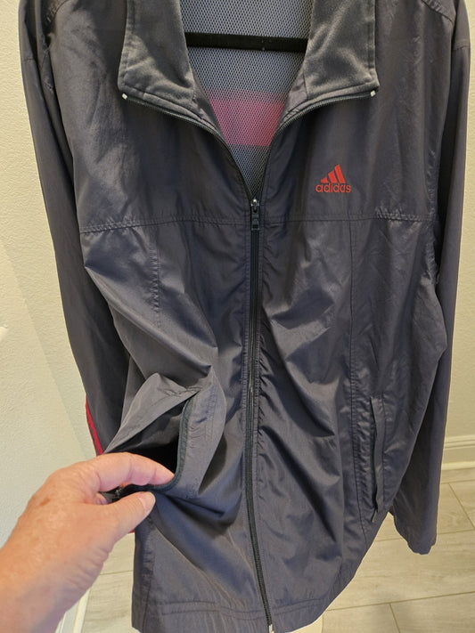 Adidas Windbreaker Track Jacket Mens Navy Blue Red 3 Stripe Full Zip Mesh
