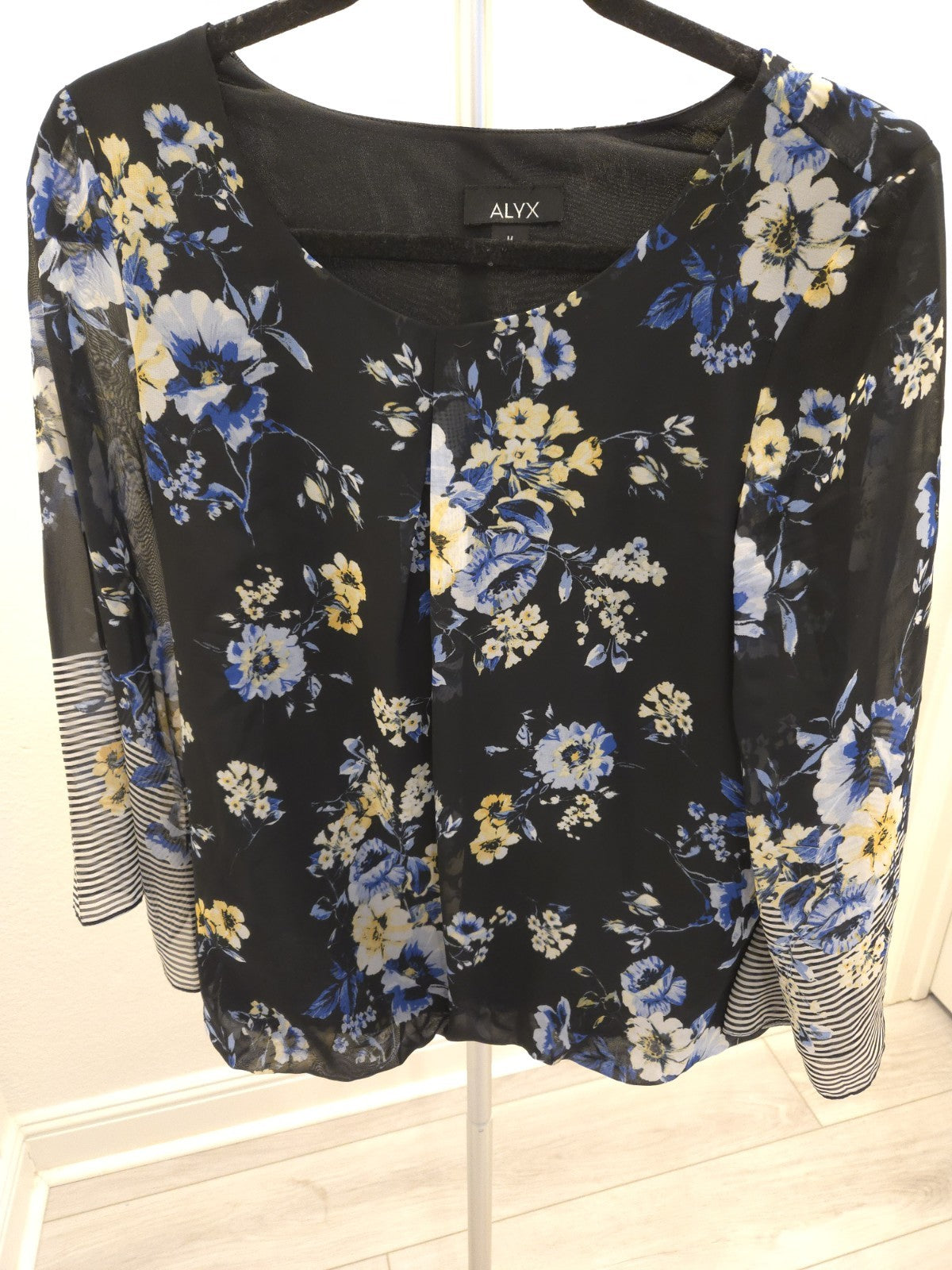 ALYX M Black Floral Print Sheer Blouse Striped 3/4 Sleeves Chiffon Boho Top