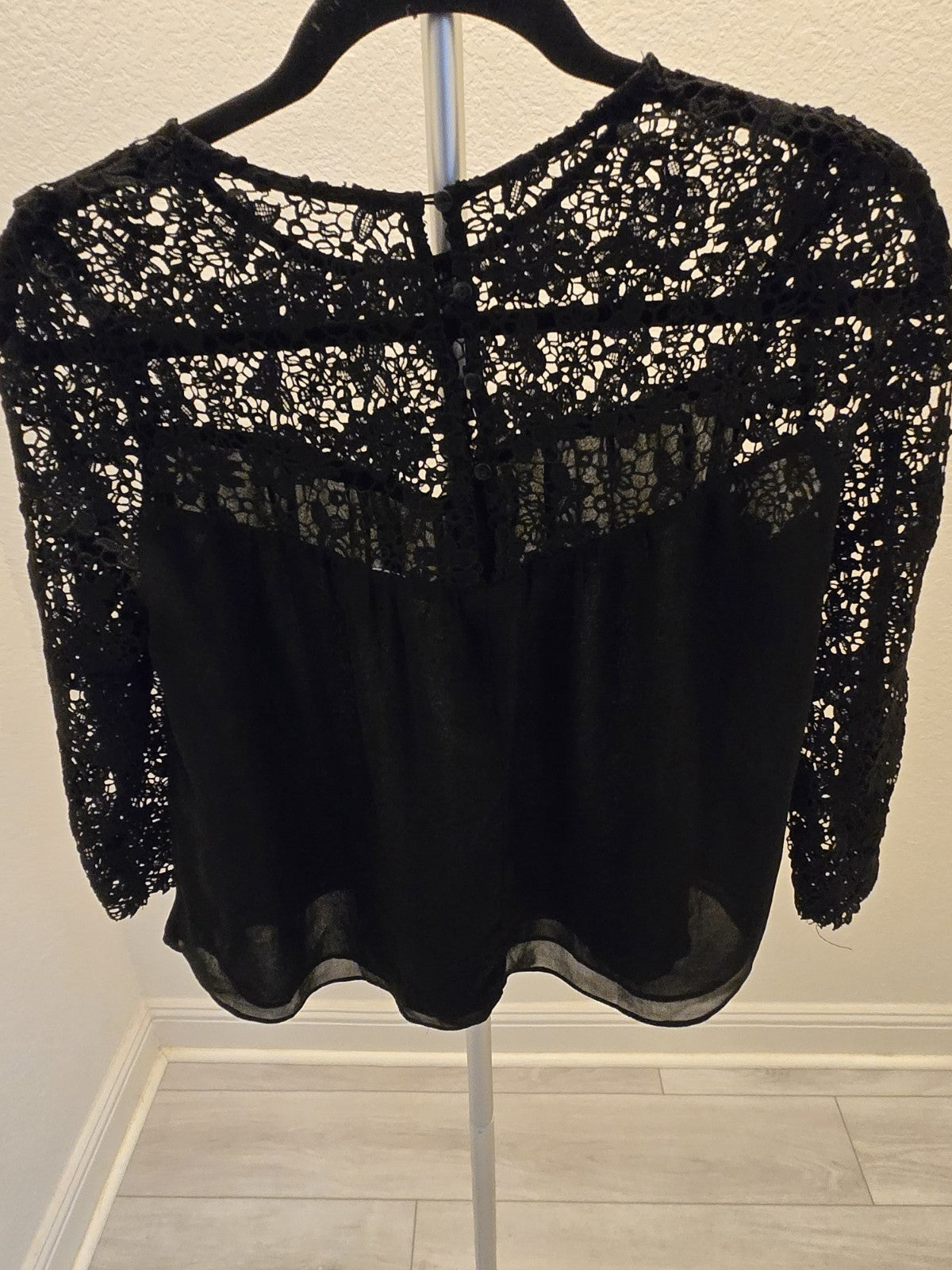 Mustard & Co. M Lace Blouse Womens Black Sheer Floral Yoke 3/4 Sleeve Top