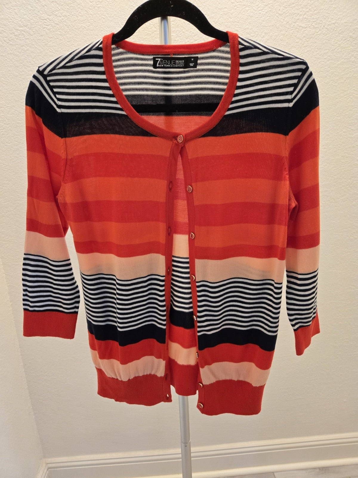7th Avenue NYC Women’s Medium Striped Cardigan Sweater Button Front Corral Black