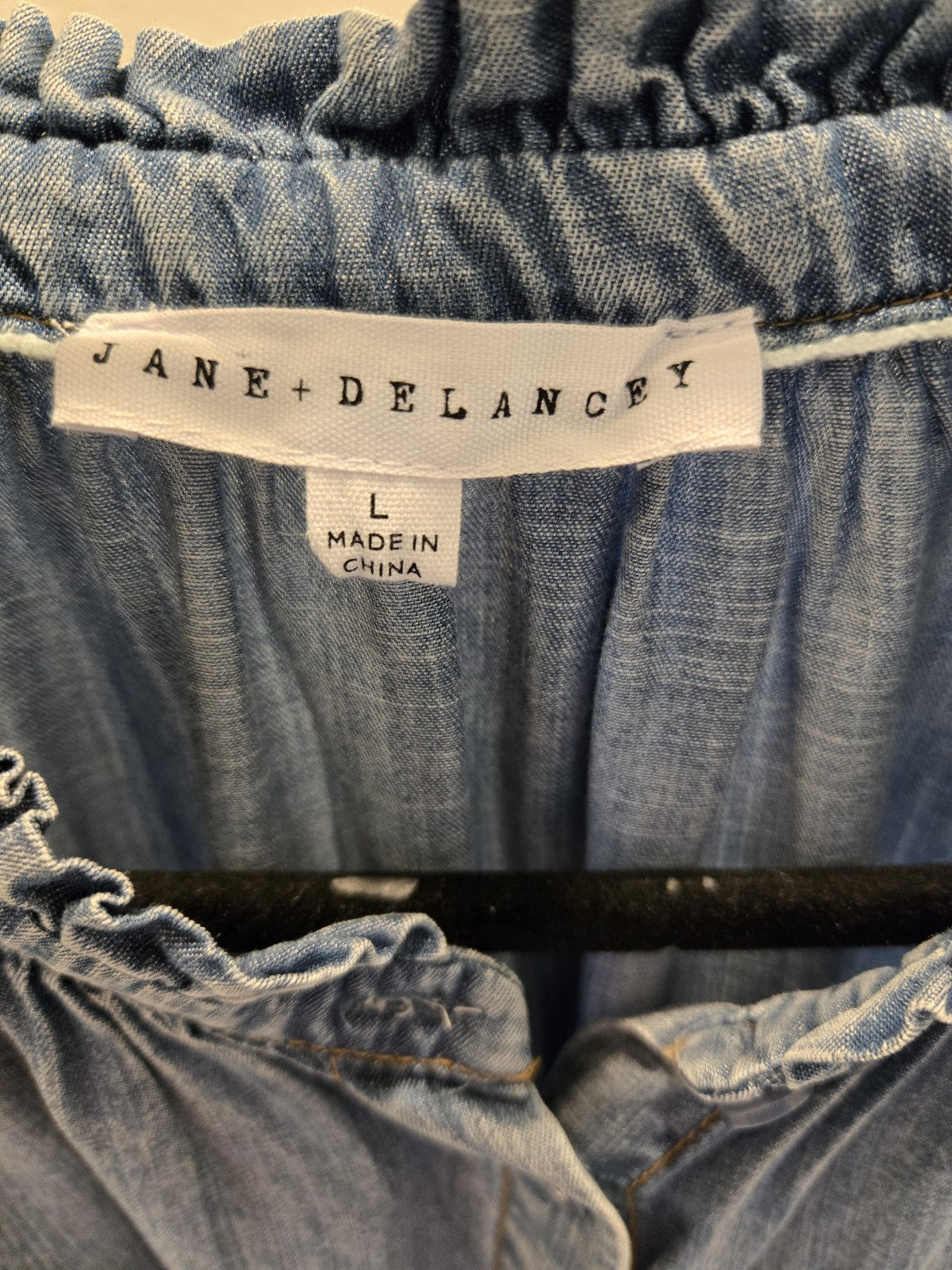 Jane + Delancey L Chambray Ruffle Mock Neck Long Sleeve Button Up Shirt Women