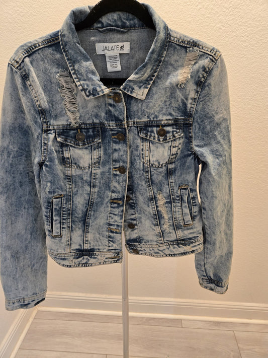 Jalate XL Vintage Blue Acid Wash Distressed Denim Jacket Women Shrunken Crop