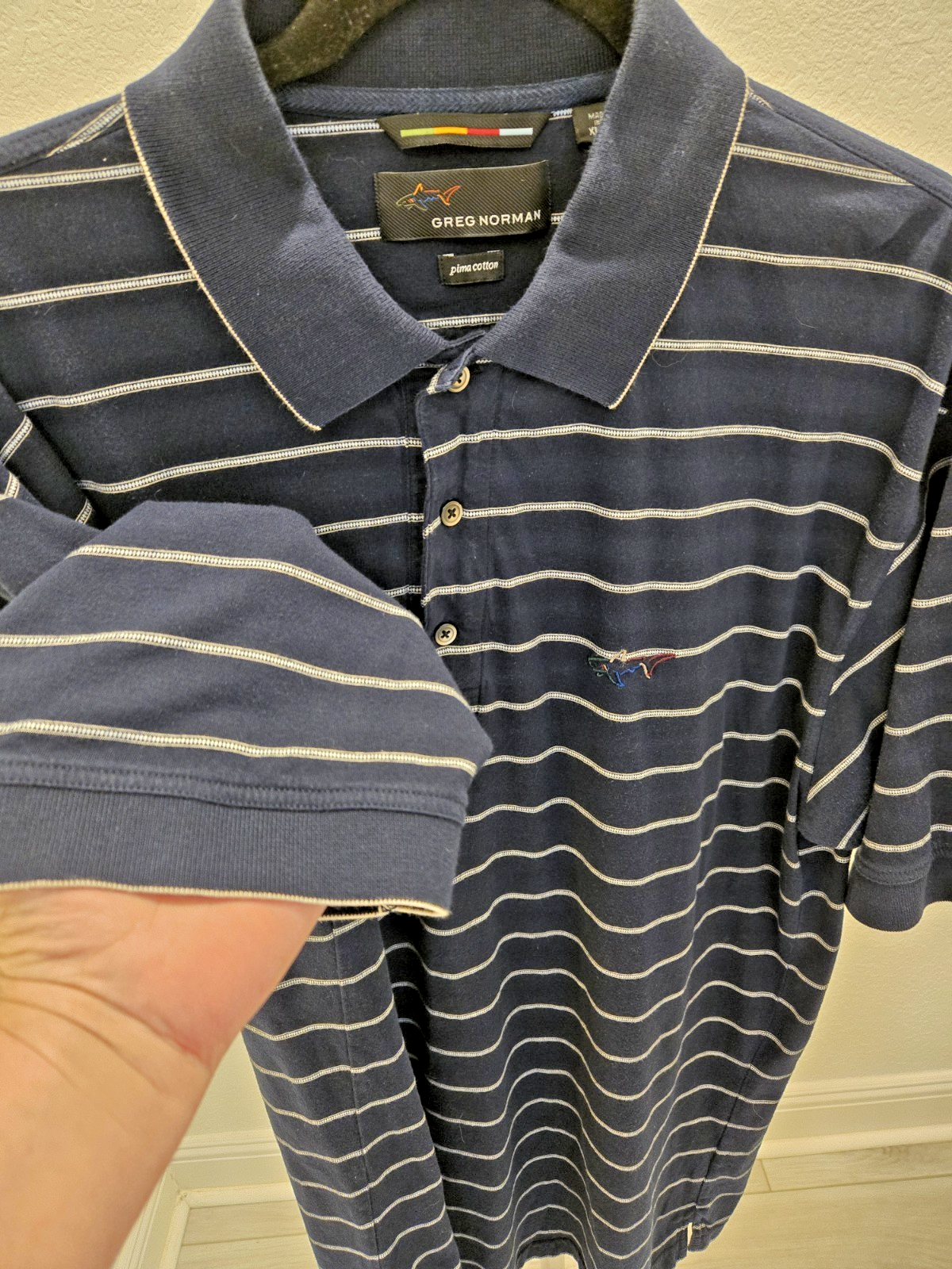 Greg Norman Men's L Navy Blue Striped Polo Classic Preppy Nautical Casual Shirt