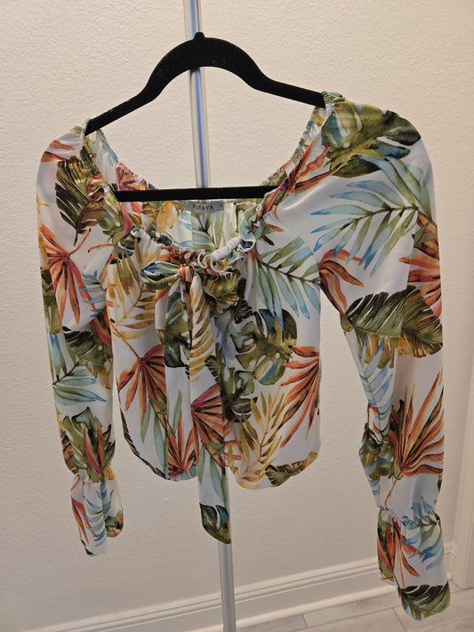 Papaya S Tropical Palm Leaf Blouse Womens Tie Front Cropped Top Beach