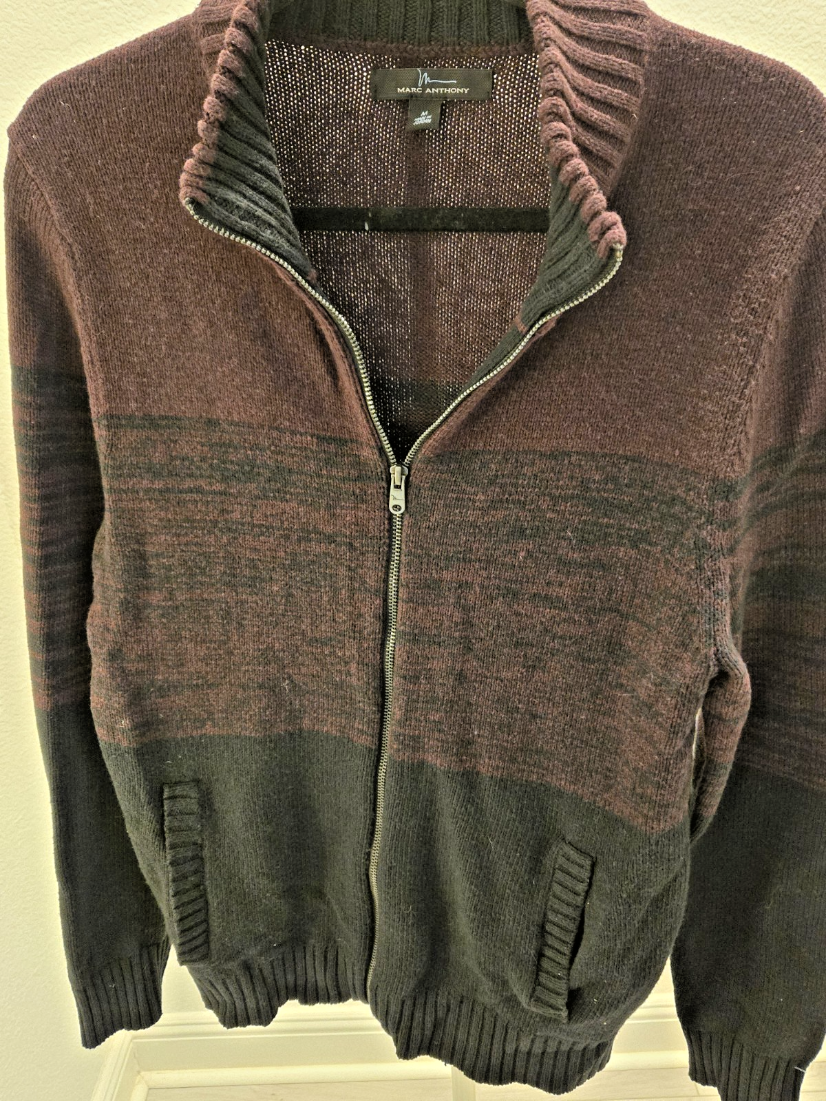Marc Anthony Full Zip Mock Neck Block Burgundy Black Cardigan NWOT M Men's