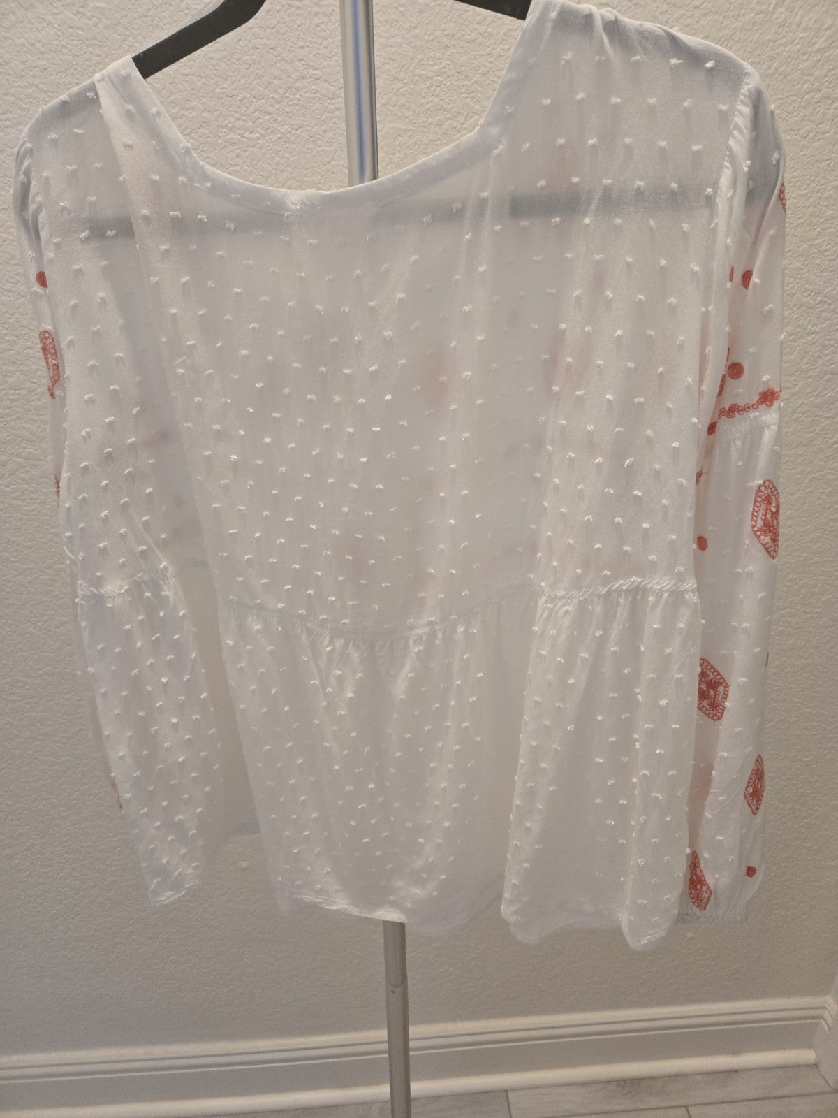 Solitaire Embroidered Large Coral & White Boho Swiss Dot Peasant Tie Neck Top