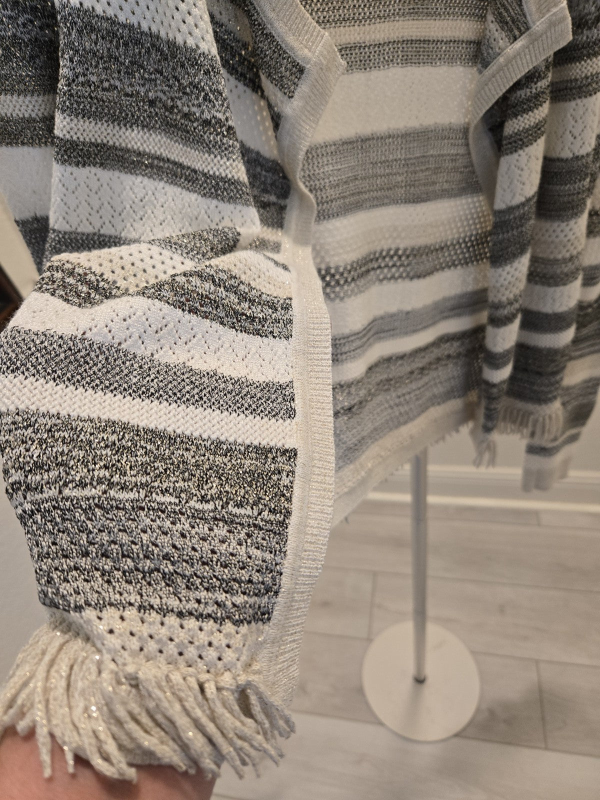 White House Black Market S Gray Striped Open Knit Metallic Fringe Cardigan