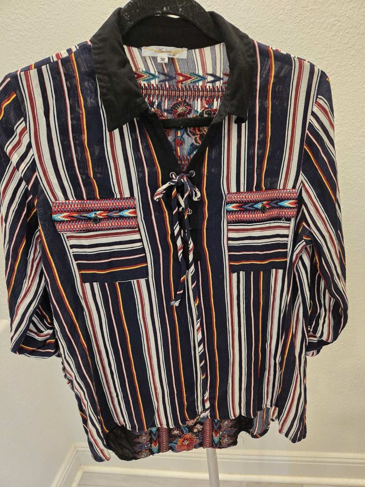 Andree by Unit Western Boho Embroidered Lace Up M Striped Blouse