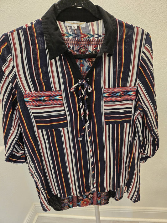 Andree by Unit Western Boho Embroidered Lace Up M Striped Blouse