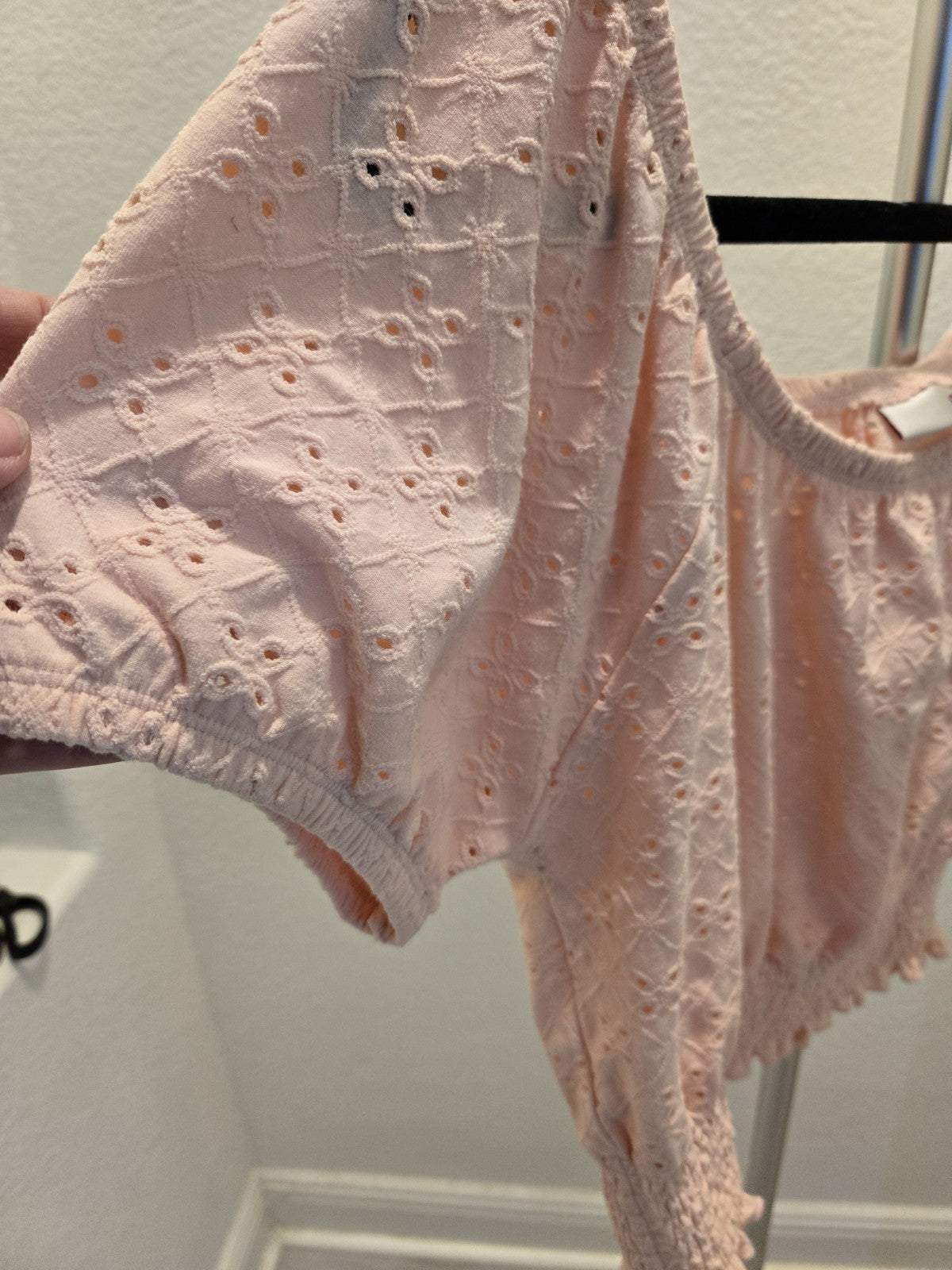 So Large Pink Eyelet Cotton Smocked Waist Puff Sleeve Crop Top Blouse Women's