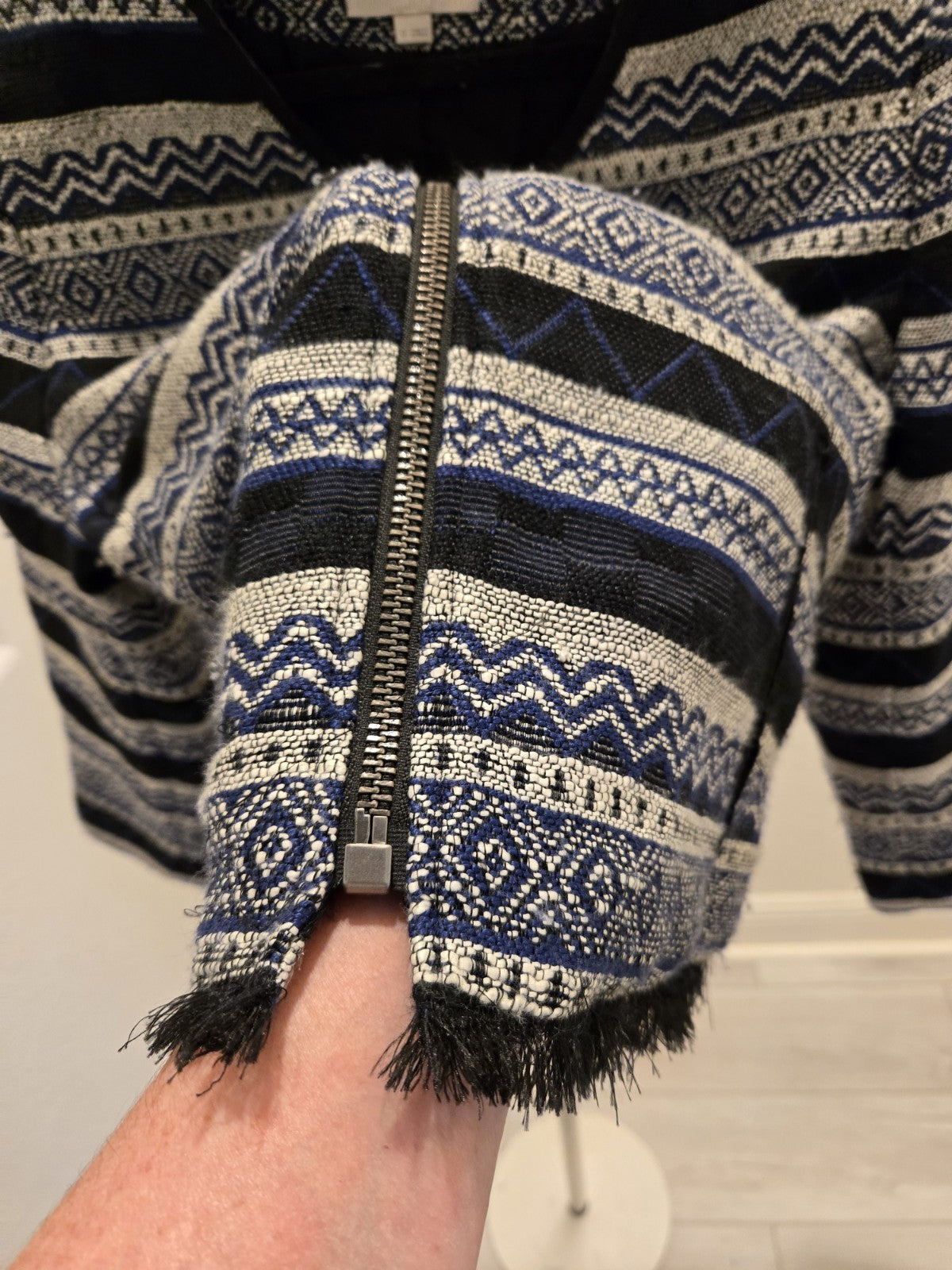 Loft Size 12 Blue White Geometric Woven Tweed Zip Jacket Fringe Trim Women's