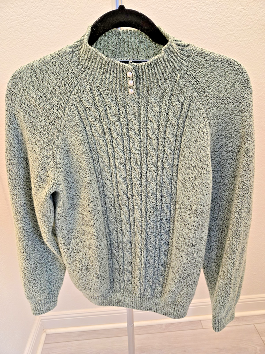 Karen Scott Women's M Cable Knit Mock Neck Sweater Green Speckled Pearl Buttons
