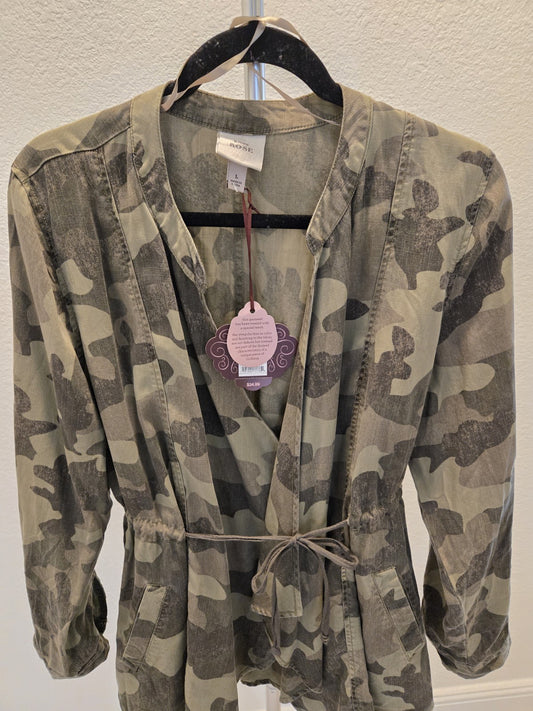 Knox Rose NWT Camo Utility Jacket L Draped Open Front Drawstring Tie Waist Boho