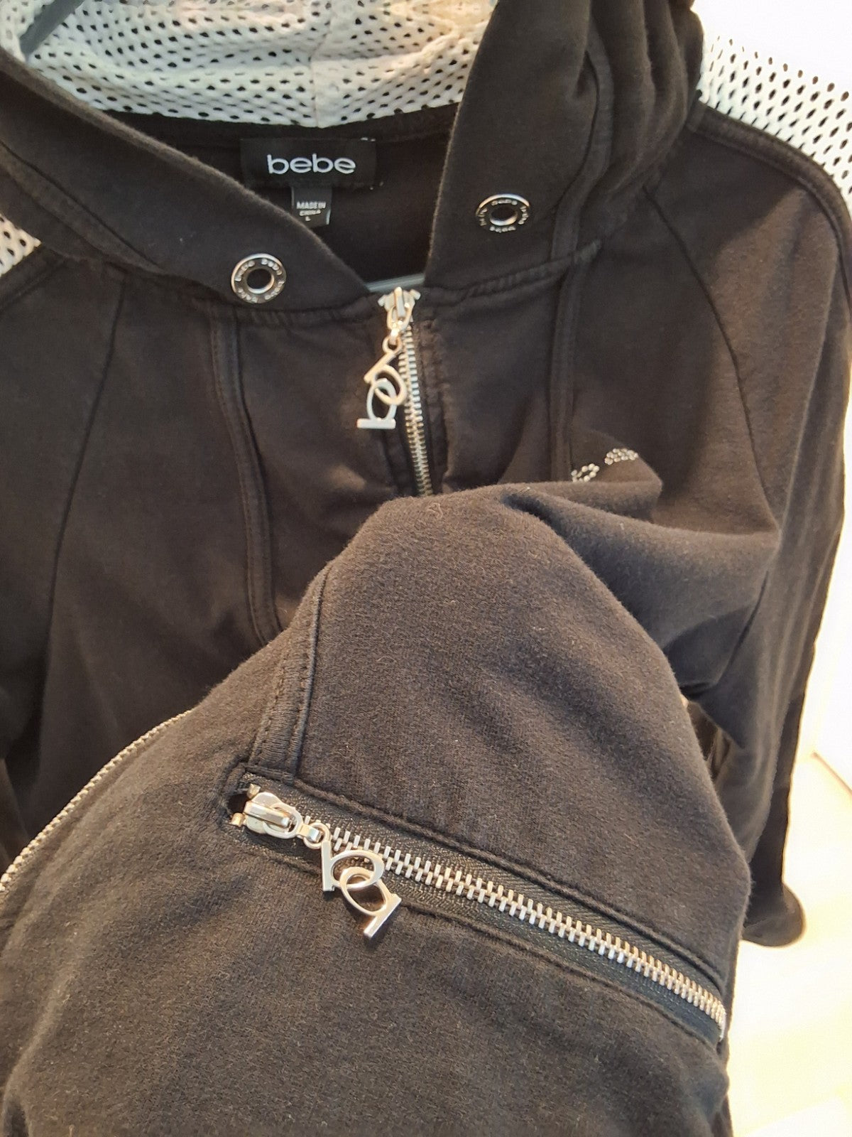 Bebe Vintage Y2K Black Full Zip Mesh L Hoodie Jacket Glam Rhinestone Logo Womens